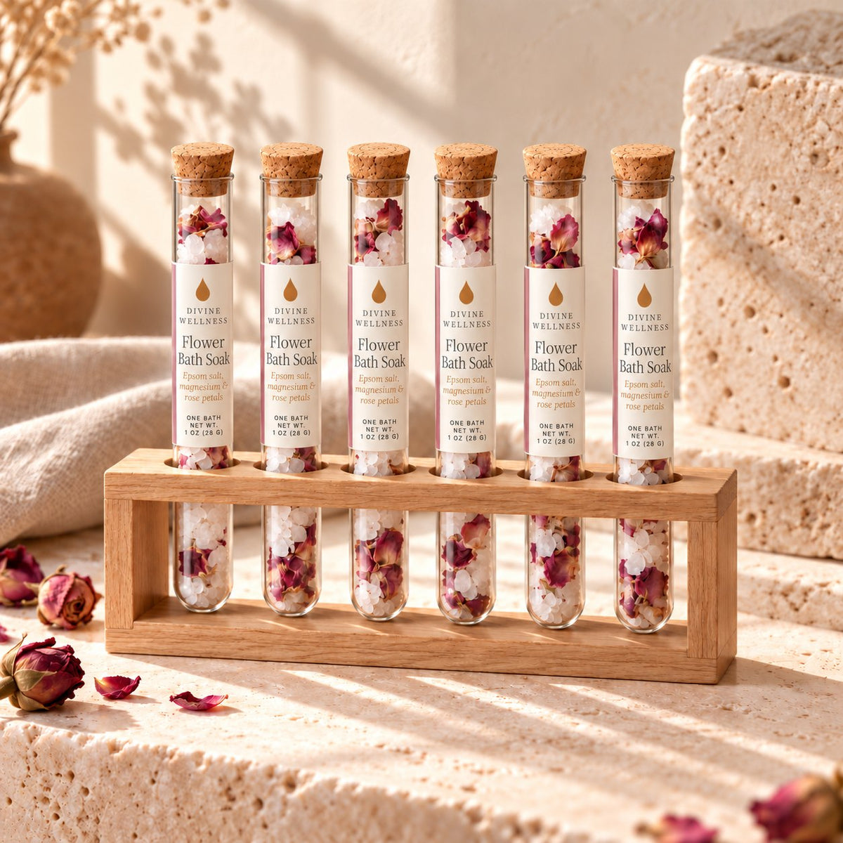 Six Flower Bath Soak glass tubes in a wooden stand