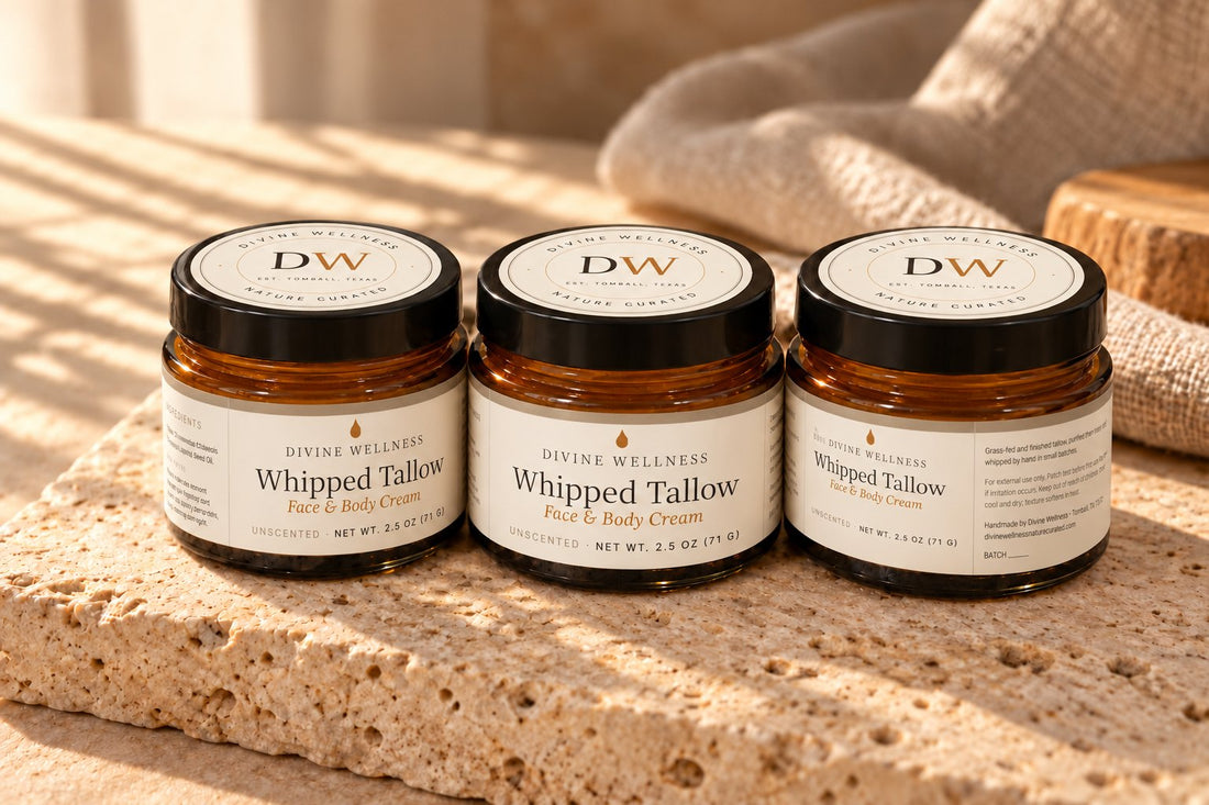 Three amber jars of whipped grass-fed tallow cream