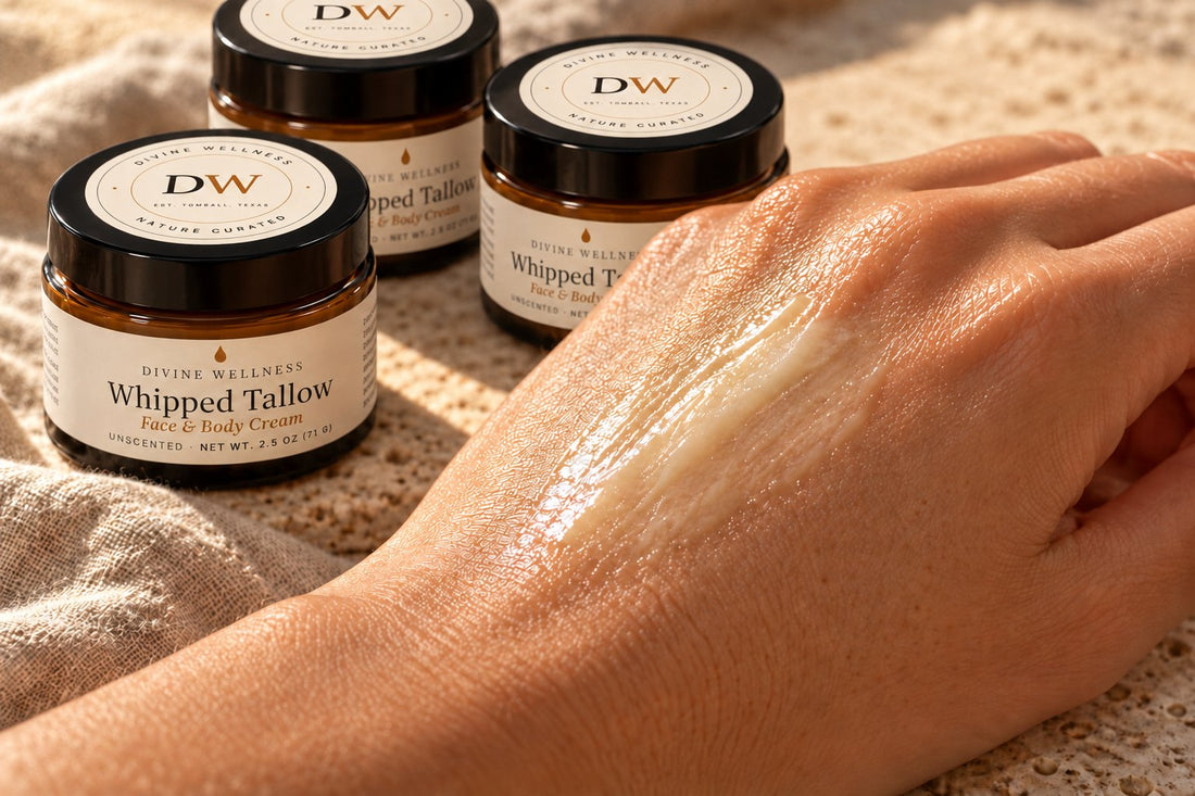 Tallow cream swatched on the back of a hand