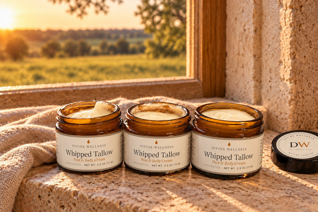 Tallow cream jars by a sunny window overlooking pasture
