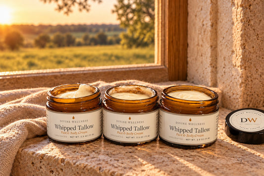 Tallow cream jars by a sunny window overlooking pasture
