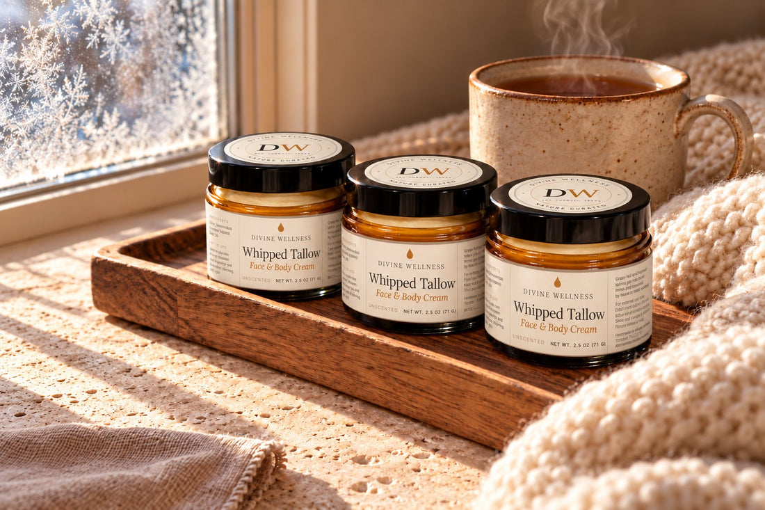 Tallow cream on a wooden tray by a frosty window