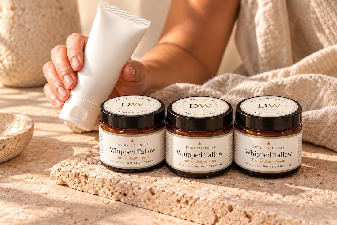 Reading skincare labels beside tallow cream jars