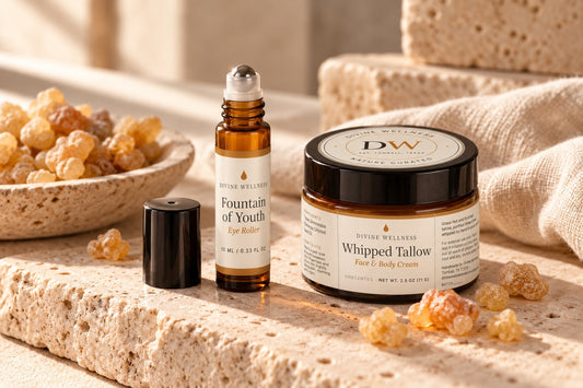 Frankincense eye roller beside tallow cream