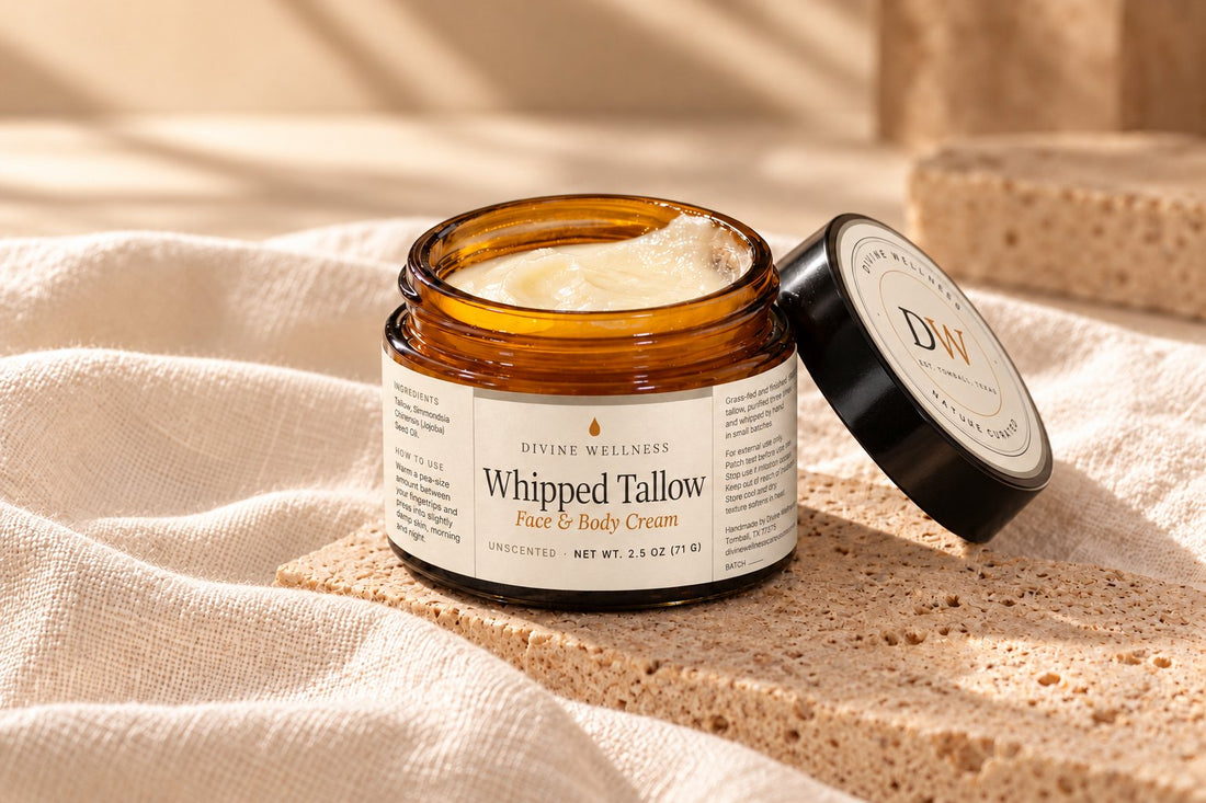 Open jar of unscented tallow cream on white linen