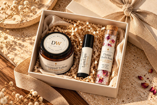 Gift box with tallow cream, lip balm and eye roller
