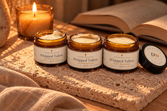Tallow cream by candlelight with an open book
