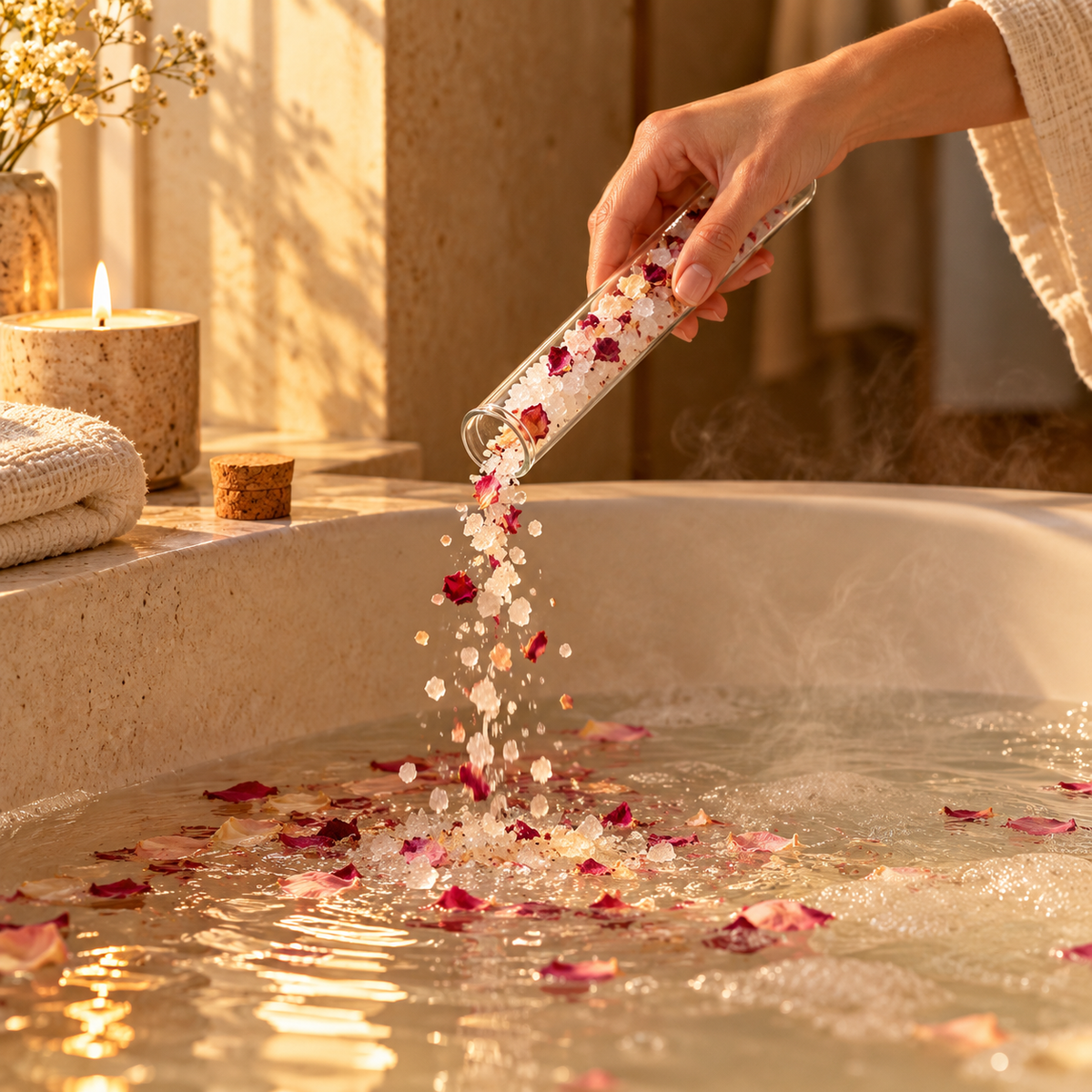 Pouring Flower Bath Soak into a warm bath