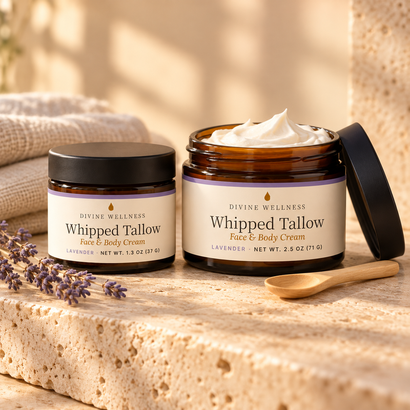 The Duo: 2 oz and 4 oz amber jars of lavender whipped tallow cream with a wooden spoon