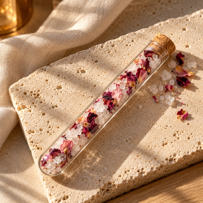 Flower Bath Soak glass tube with cork on travertine