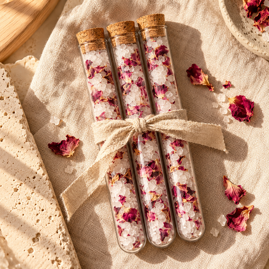Three Flower Bath Soak glass tubes of Epsom salt, magnesium and dried rose petals tied with linen