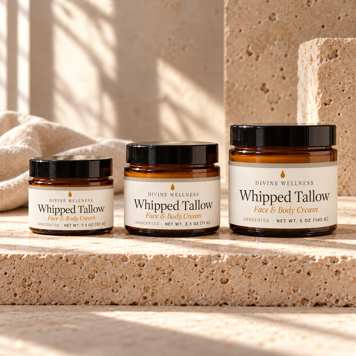 Unscented whipped tallow cream in 2 oz, 4 oz and 8 oz amber glass jars