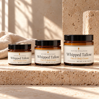 Unscented whipped tallow cream in 2 oz, 4 oz and 8 oz amber glass jars
