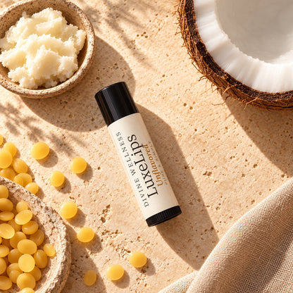LuxeLips with its ingredients: tallow, beeswax, shea butter and coconut
