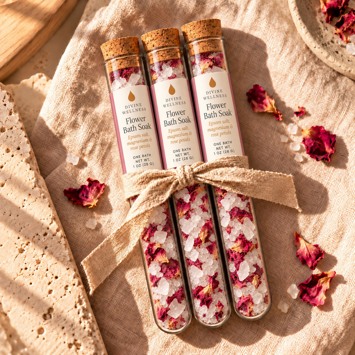 Three Flower Bath Soak tubes tied with ribbon and rose petals